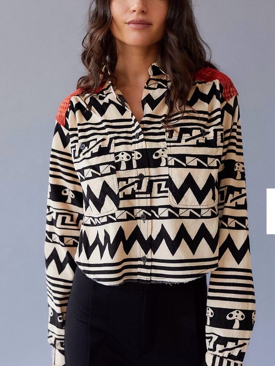 BDG Tops - BDG Tripped Up Button Up Crop Shirt Urban Outfitters Mushroom Plaid Corduroy